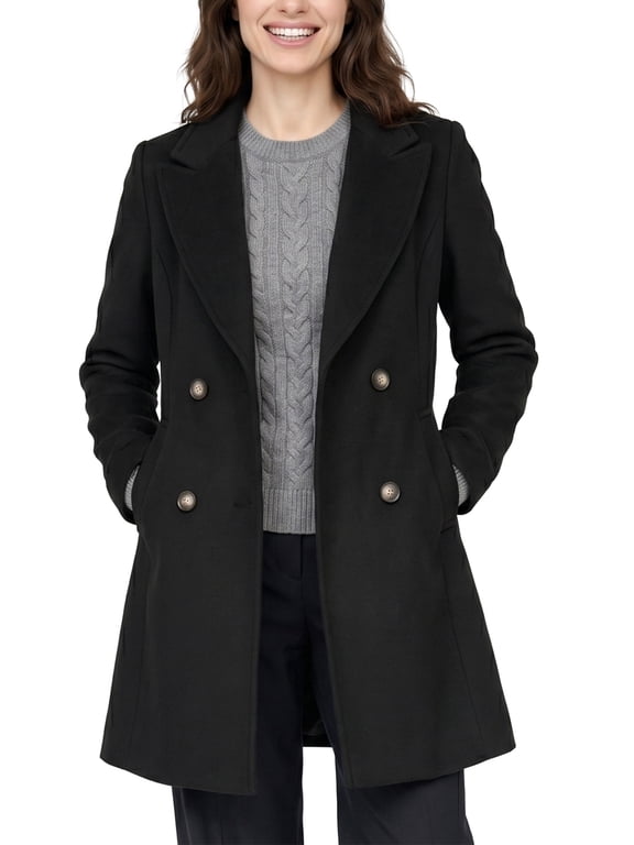 Women's Peacoat Double Breasted Pea Coat Mid-Length Dress Coat Warm Winter Overcoat Black L