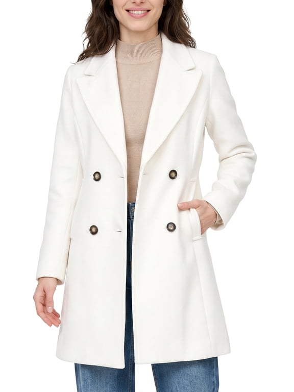Women's Peacoat Double Breasted Pea Coat Stylish Overcoat Winter Coat Beige L