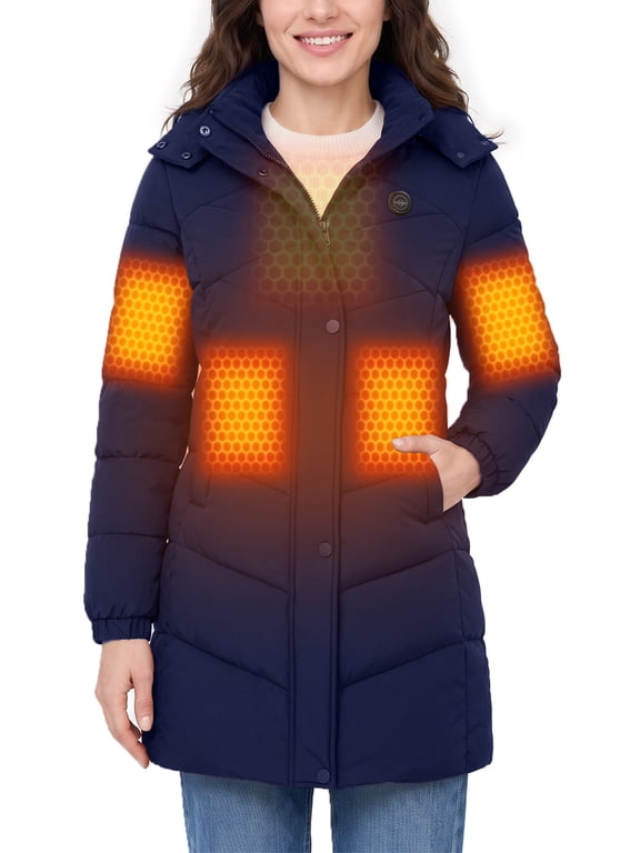 Women's Heated Jacet Warm Hooded Winter Puffer Heated Coat with 20000mAh Battery Navy Large