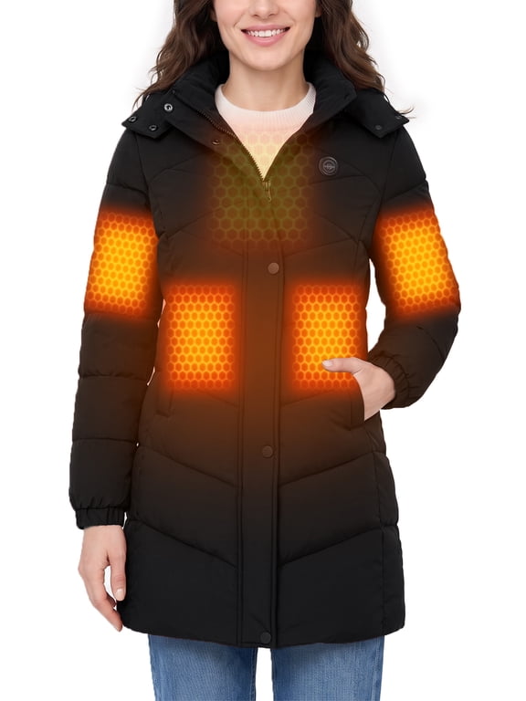Women's Heated Jacket with 20000mAh Battery, Detachable Hood Warm Winter Coat for Outdoor Black Large