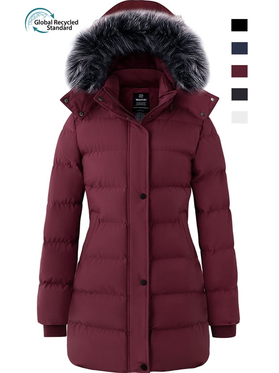 Women's Recycled Padded Winter Coat with Hood, Waterproof Windbreaker Jacket, Wine Red, Size L
