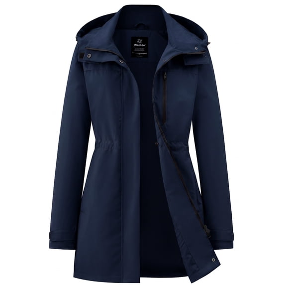Wantdo Ladies' Plus Size Detachable Hood Rain Jacket Warm Windproof Waterproof Lightweight Jacket for Hiking Navy 2XL