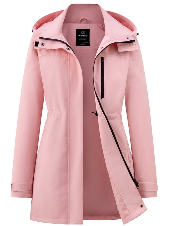 Women's Min-Length Windproof Outdoor Mountain Jacket Waterproof Removable Hood Rain Coat Pink 2XL