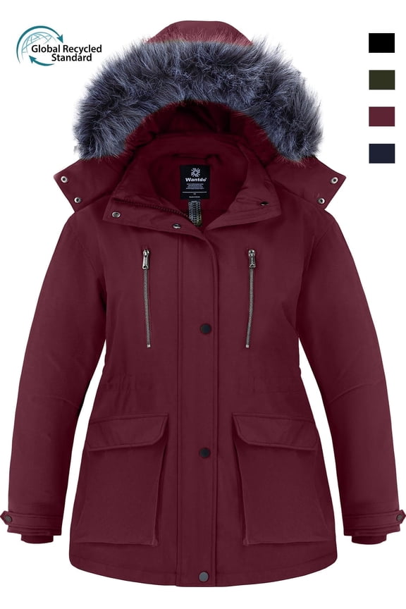 Women's Plus Size Coat Insulated Puffer Jacket Warm Thicken Quilted Winter Parka Jacket Wine Red 3XL