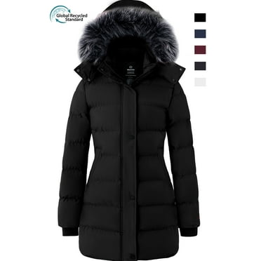 Wantdo Women's Plus Size Coat Recycled Thicken Winter Puffer Jacket with Detachable Faux Fur Hood Black 2XL