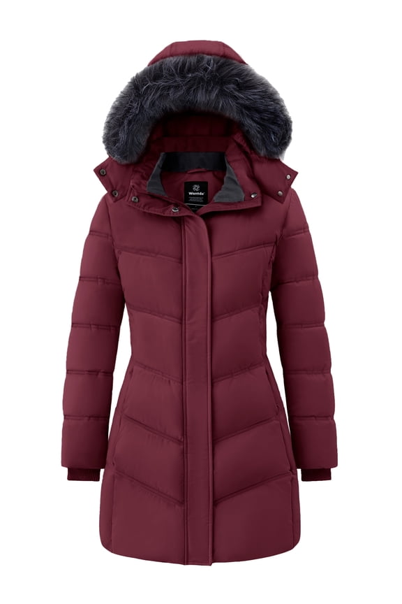 Women's Plus Size Coat Warm Winter Jacket Long Winter Coat with Hood Parka Coat Wine Red 3XL