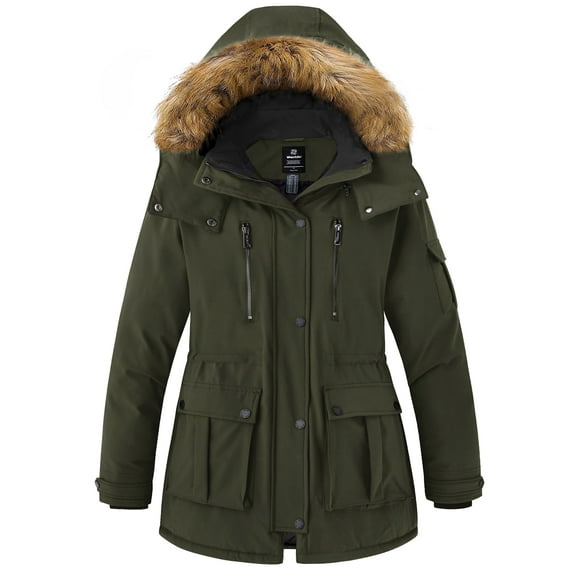 Wantdo Women's Plus Size Jacket Quilted Winter Jacket with Faux Fur Lined Hood Army Green 4X