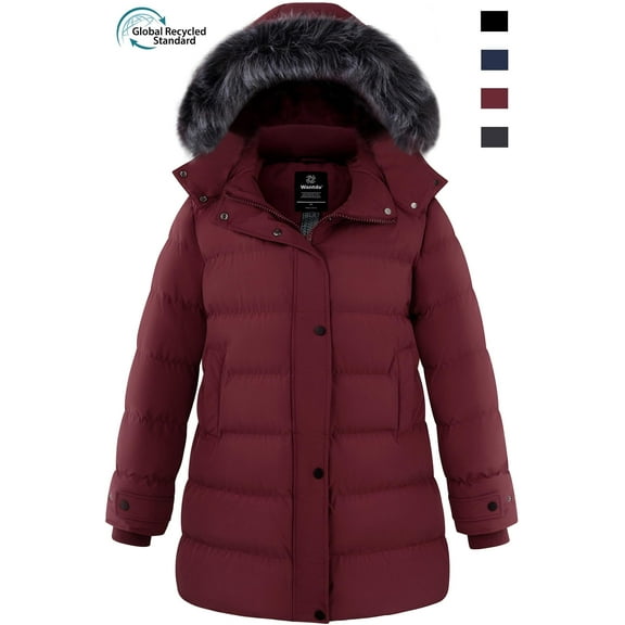 Wantdo Women's Plus Size Jacket Recycled Padded Winter Coat Hooded Windbreaker Jacket Wine Red 3XL