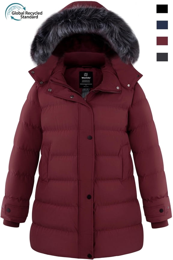 Women's Plus Size Jacket Recycled Padded Winter Coat Hooded Windbreaker Jacket Wine Red 3XL