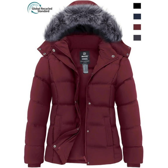 Wantdo Women's Plus Size Jacket Recycled Puffer Winter Coat Hooded Outerwear Jacket Wine Red 3XB