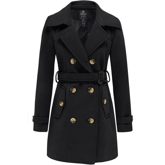 Wantdo Women's Plus Size Pea Coat Double Breasted Trench Coat with Belt Black 2XL