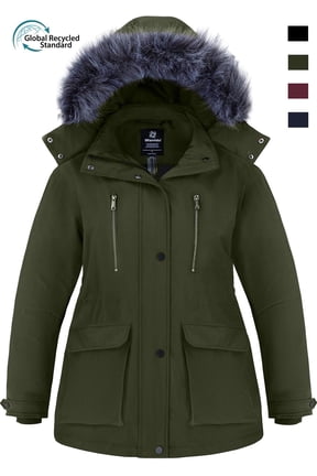 Women's Plus Size Puffer Jacket Recycled Warm Winter Coat Windproof Puffer Coat with Removable Hood Army Green 5XL