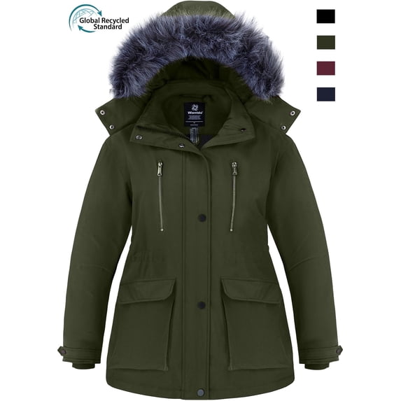 Wantdo Women's Plus Size Puffer Jacket Recycled Warm Winter Coat Windproof Puffer Coat with Removable Hood Army Green 5XL
