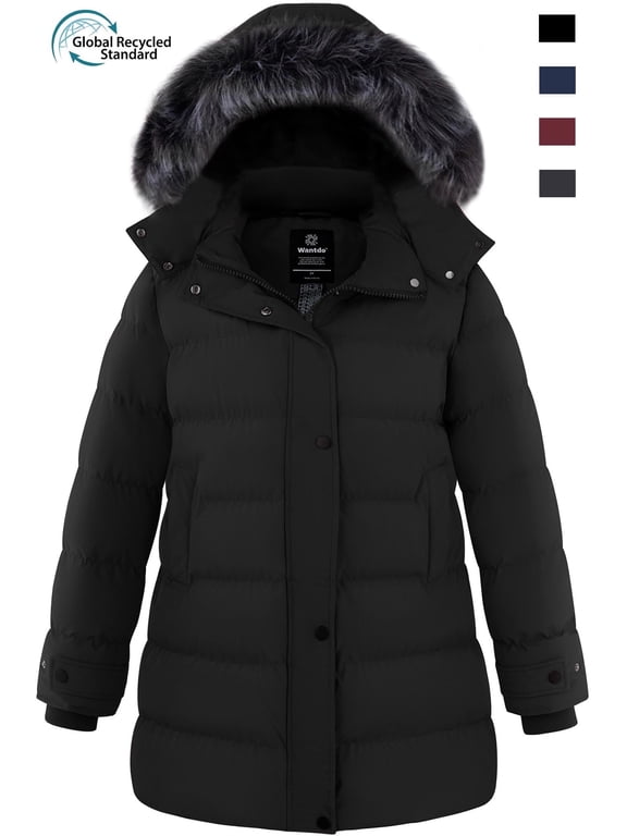 Women's 10000mm Waterproof Puffer Jacket with Faux Fur Hood, Black, Plus Size 4XL