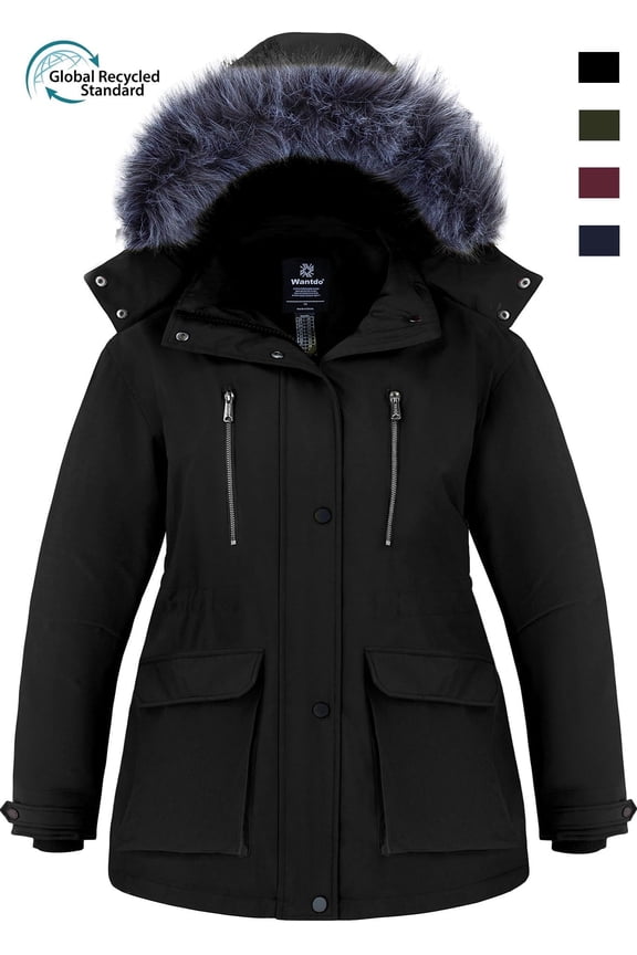 Women's Plus Size Winter Coat Recycled Warm Quilted Winter Puffer Jacket with Removable Hood Black 2XL