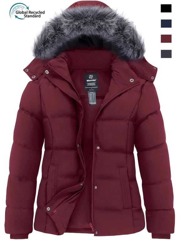 Women's Plus Size Winter Jacket Quilted Winter Coat Windproof Puffer Jacket with Detachable Hood Wine Red 4XB