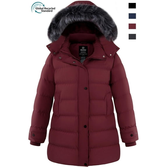 Wantdo Women's Plus Size Winter Jacket Quilted Winter Coat Windproof Puffer Jacket with Detachable Hood Wine Red 4XL