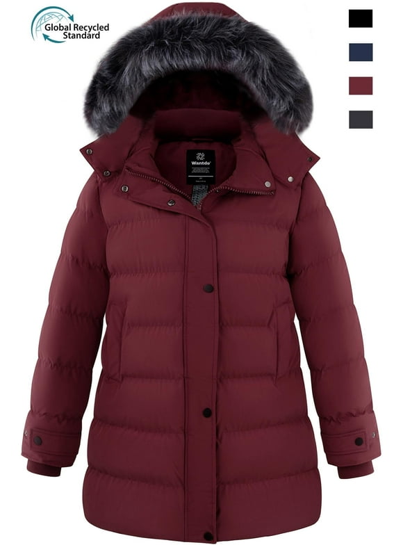 Women's Plus Size Winter Jacket Quilted Winter Coat Windproof Puffer Jacket with Detachable Hood Wine Red 4XL
