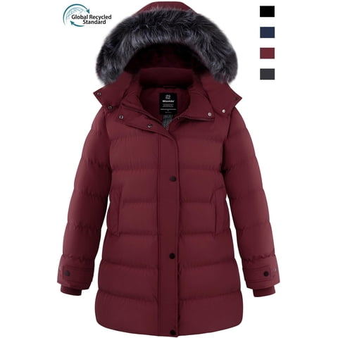 Women's Plus Size Winter Jacket Quilted Winter Coat Windproof Puffer Jacket with Detachable Hood Wine Red 4XL
