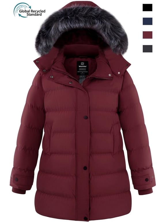 Women's Plus Size Winter Jacket Quilted Winter Coat Windproof Puffer Jacket with Detachable Hood Wine Red 4XL