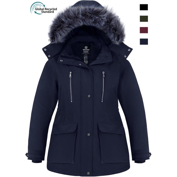 Wantdo Women's Plus Size Winter Jacket Recycled Insulated Puffer Coat Winter Coat with Removable Hood Navy 2XL