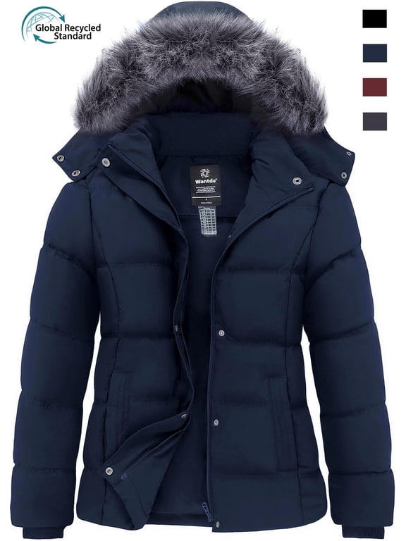 Women's Plus Size Winter Jacket Recycled Padded Winter Coat Windproof Jacket with Removable Hood Navy 3XB