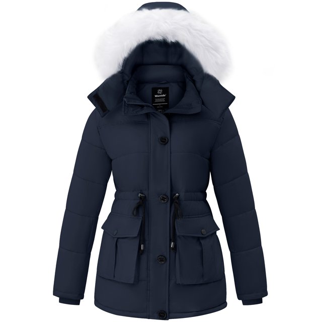 Wantdo Women's Plus Size Winter Parka Waterproof Padded Jacket Thickened Winter Coat with Removable Hood Navy XL