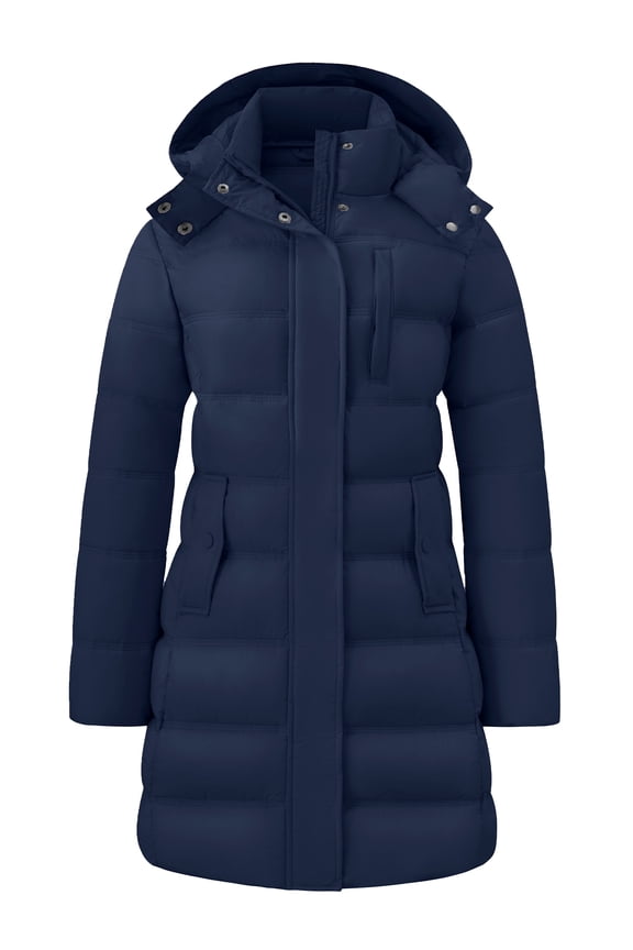 Women's Long Puffer Jacket Lightweight Windproof Autumn Coat with Hood Navy S
