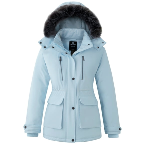 Wantdo Women's Puffer Jacket Mid-Length Winter Coat Quilted Winter Outerwear Jacket with Faux Fur Hood Light Blue M