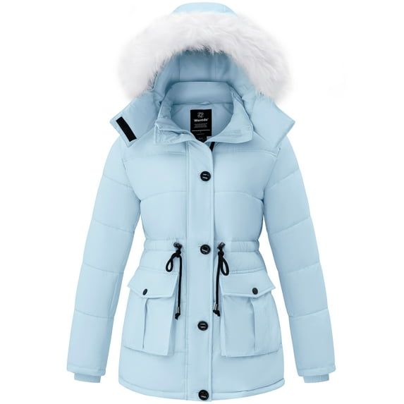 Wantdo Women's Puffer Jacket Quilted Winter Coat with Breathable Lining Warm Hooded Parka Jacket Light Blue M
