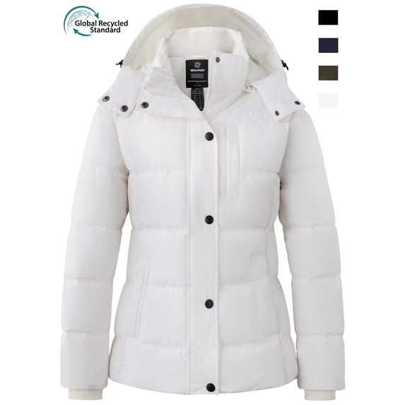 Wantdo Women's Puffer Jacket Recycled Padded Winter Jacket Puffy Coat with Removable Hood White XL