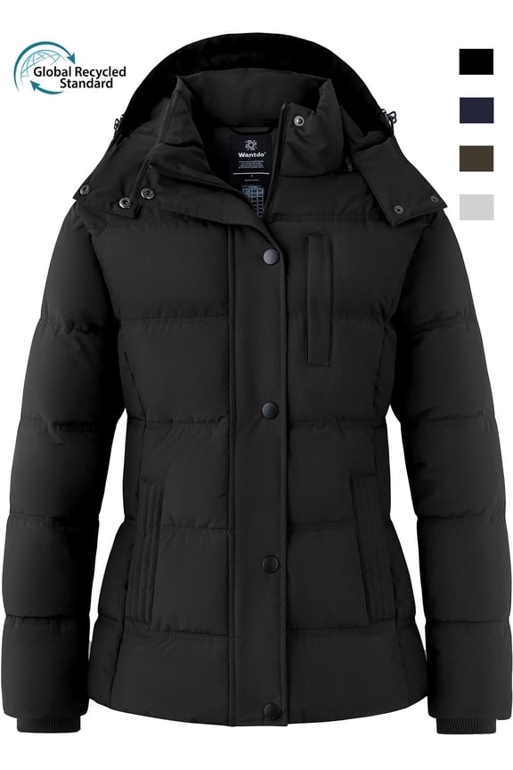 Women's Puffer Jacket Warm Winter Coat Quilted Winter Jacket with Removable Hood Black S