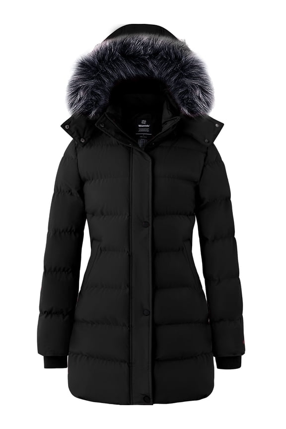Women's Recycled Long Puffer Jacket Quilted Winter Coat Thicken Hooded Parka Jacket Black S