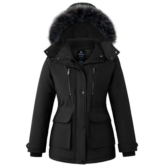 Wantdo Women's Recycled Plus Size Coat Hip-Length Warm Waterproof Winter Jacket Windproof Parka Coat Black 2XL