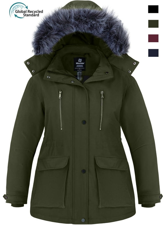 Women's Recycled Plus Size Hooded Winter Jacket Warm Puffer Parka Jacket Outerwear Coat Army Green 2XL