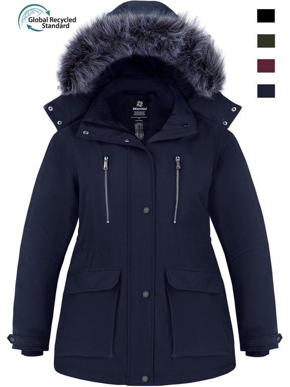 Women's Recycled Plus Size Puffer Jacket Recycled Winter Coat Hooded Winter Parka Overcoat with Hood Navy 4XL