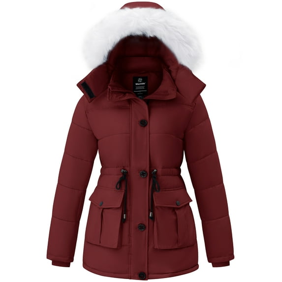 Wantdo Women's Recycled Puffer Jacket Thickened Waterproof Parka Coat Warm Hooded Outdoor Jacket Wine Red M