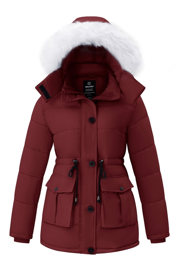 Women's Recycled Puffer Jacket Thickened Waterproof Parka Coat Warm Hooded Outdoor Jacket Wine Red M