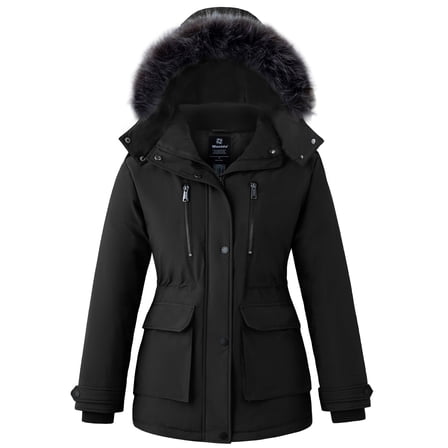 Wantdo Women's Recycled Waterproof Jacket Insulated Winter Coat Winter Puffer Coat with Removable Faux Fur Hood Black M