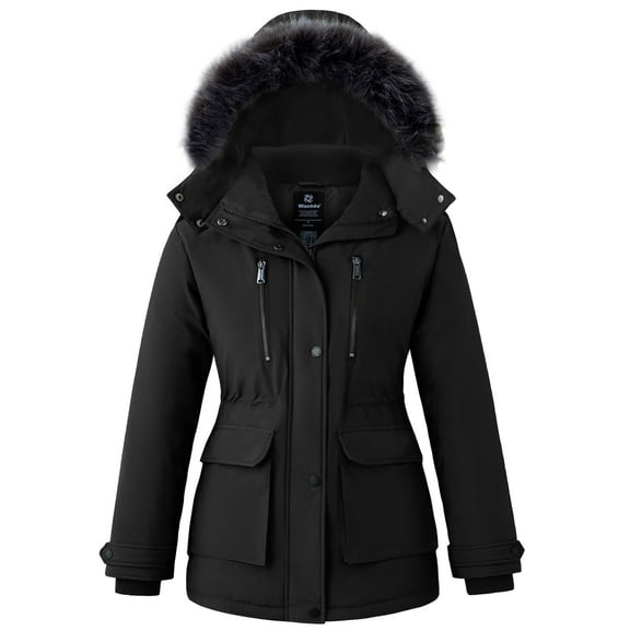 Wantdo Women's Recycled Waterproof Jacket Insulated Winter Coat Winter Puffer Coat with Removable Faux Fur Hood Black M