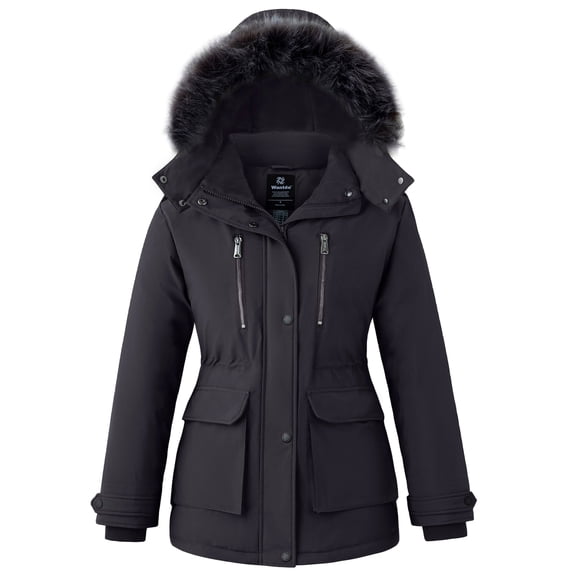 Wantdo Women's Recycled Waterproof Jacket Winter Coat Winter Puffer Jacket with Removable Hood Dark Gray M
