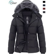 WANTDO Women's Recycled Winter Coat Insulated Puffer Jacket Warm Coat with Faux Fur Lined Hood Dark Gray XL