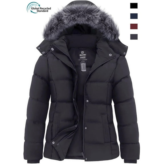 Wantdo Women's Recycled Winter Coat Insulated Puffer Jacket Warm Coat with Faux Fur Lined Hood Dark Gray XL