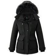 WANTDO Women's Recycled Winter Coat Long Quilted Winter Jacket Thickened Puffer Parka with Removable Hood Black L
