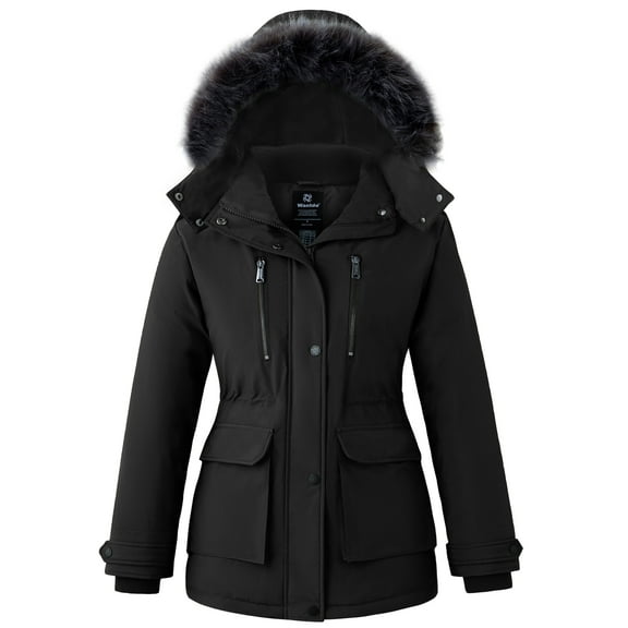 Wantdo Women's Recycled Winter Coat Long Quilted Winter Jacket Thickened Puffer Parka with Removable Hood Black L