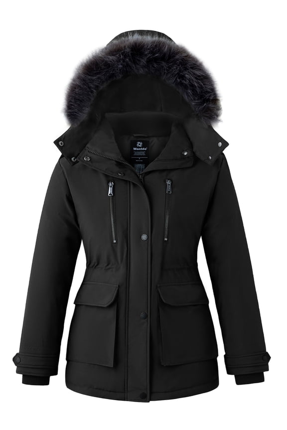 Women's Recycled Winter Coat Long Quilted Winter Jacket Thickened Puffer Parka with Removable Hood Black L