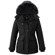 Women's Recycled Winter Coat Long Quilted Winter Jacket Thickened Puffer Parka with Removable Hood Black L