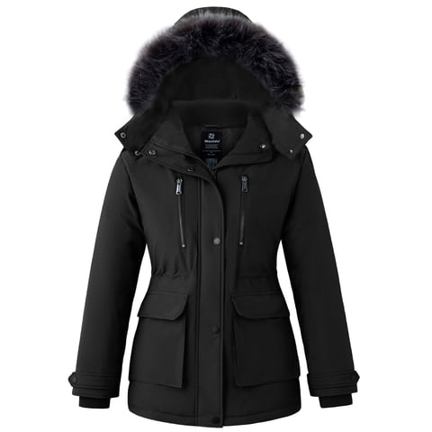 Women's Recycled Winter Coat Long Quilted Winter Jacket Thickened Puffer Parka with Removable Hood Black L