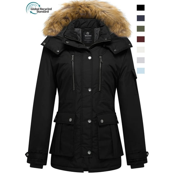 Wantdo Women's Recycled Winter Coat Thickened Winter Jacket Hooded Parka Jacket Black L