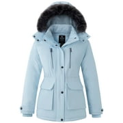 Women's Recycled Winter Coat Warm Puffer Jacket Recycled Waterproof Winter Hooded Parka Jacket Light Blue L